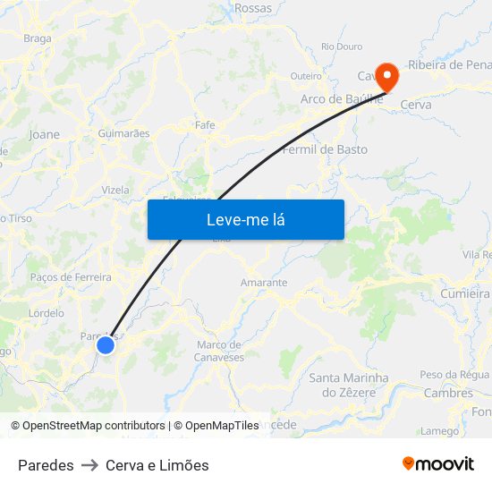 Paredes to Cerva e Limões map