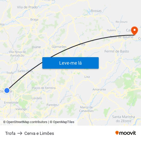 Trofa to Cerva e Limões map