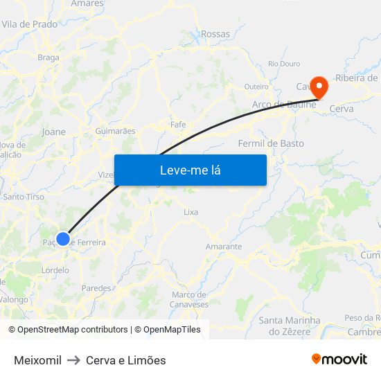 Meixomil to Cerva e Limões map