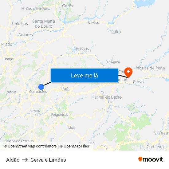 Aldão to Cerva e Limões map