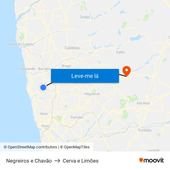 Negreiros e Chavão to Cerva e Limões map