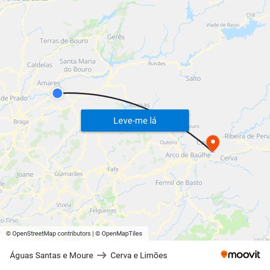 Águas Santas e Moure to Cerva e Limões map