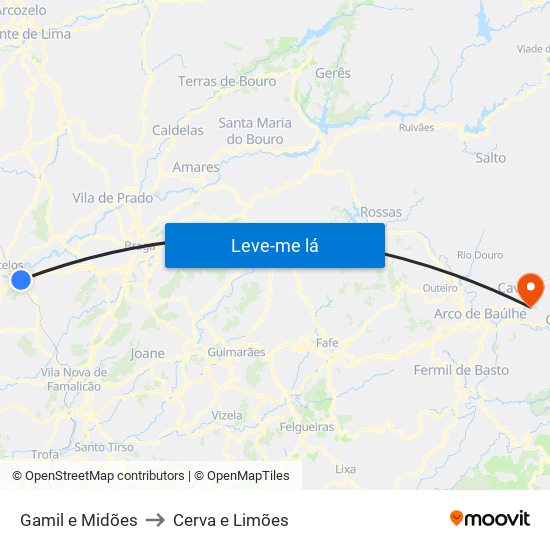 Gamil e Midões to Cerva e Limões map