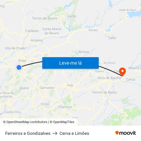 Ferreiros e Gondizalves to Cerva e Limões map