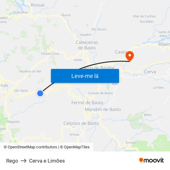 Rego to Cerva e Limões map