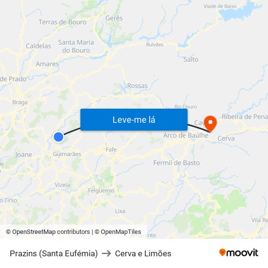 Prazins (Santa Eufémia) to Cerva e Limões map