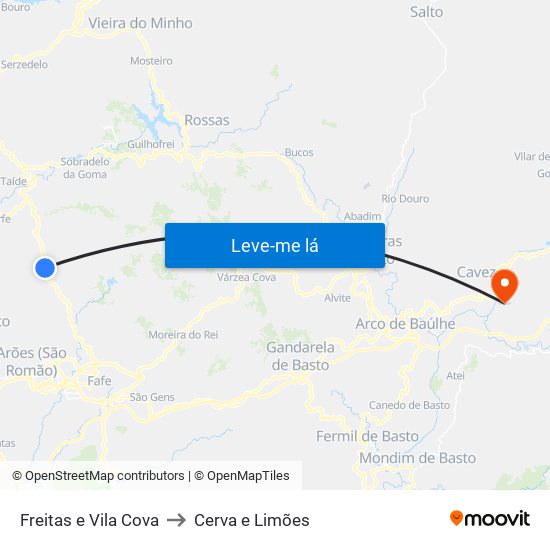 Freitas e Vila Cova to Cerva e Limões map