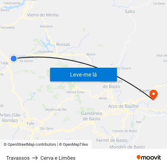 Travassos to Cerva e Limões map