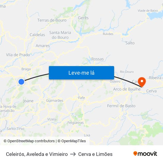 Celeirós, Aveleda e Vimieiro to Cerva e Limões map