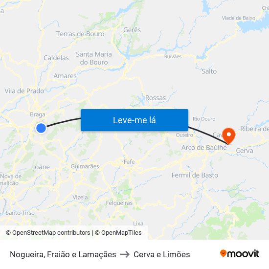 Nogueira, Fraião e Lamaçães to Cerva e Limões map