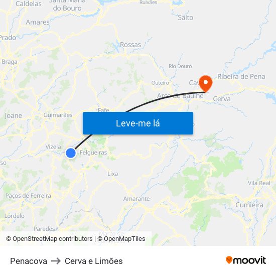 Penacova to Cerva e Limões map