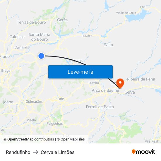 Rendufinho to Cerva e Limões map