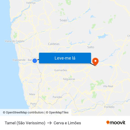 Tamel (São Veríssimo) to Cerva e Limões map