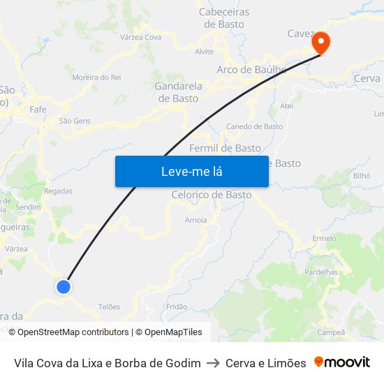 Vila Cova da Lixa e Borba de Godim to Cerva e Limões map