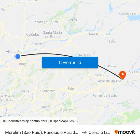 Merelim (São Paio), Panoias e Parada de Tibães to Cerva e Limões map