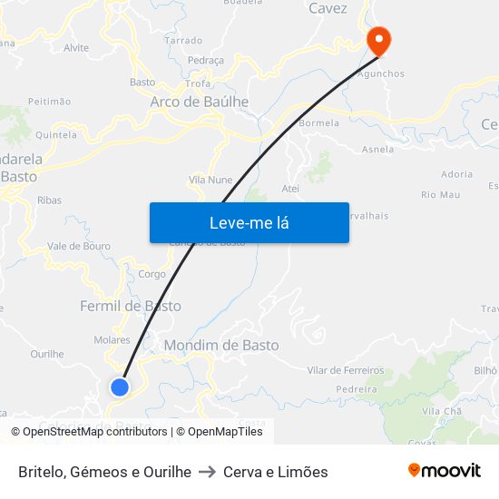 Britelo, Gémeos e Ourilhe to Cerva e Limões map