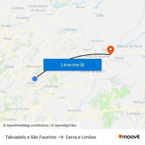 Tabuadelo e São Faustino to Cerva e Limões map