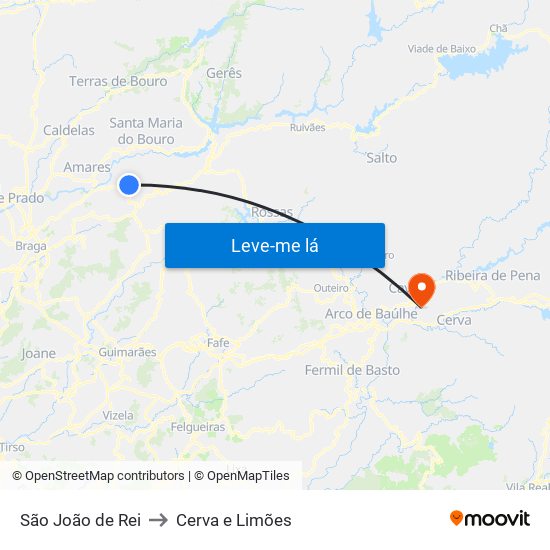 São João de Rei to Cerva e Limões map