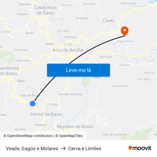 Veade, Gagos e Molares to Cerva e Limões map