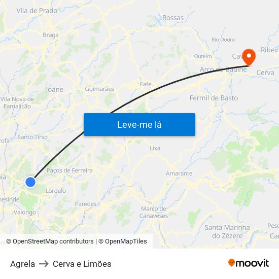 Agrela to Cerva e Limões map