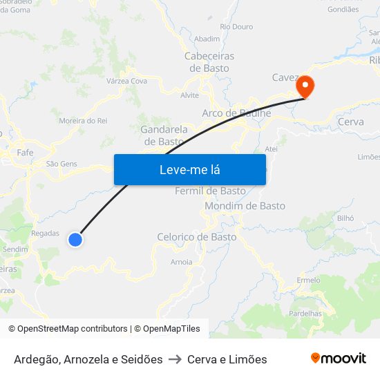 Ardegão, Arnozela e Seidões to Cerva e Limões map