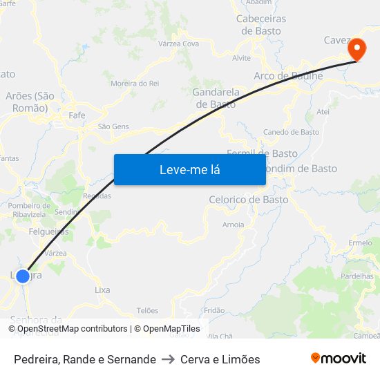 Pedreira, Rande e Sernande to Cerva e Limões map