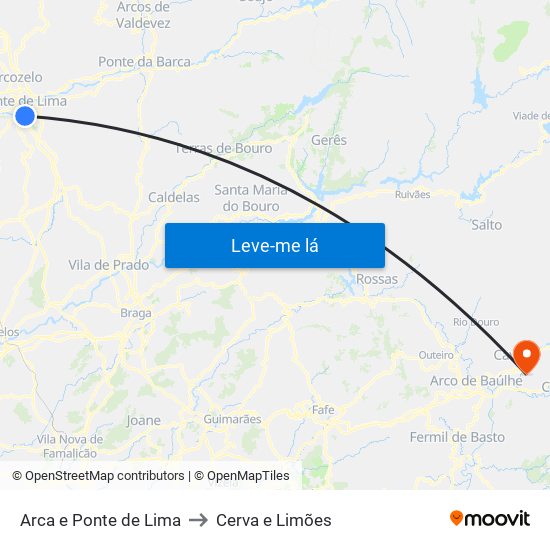 Arca e Ponte de Lima to Cerva e Limões map