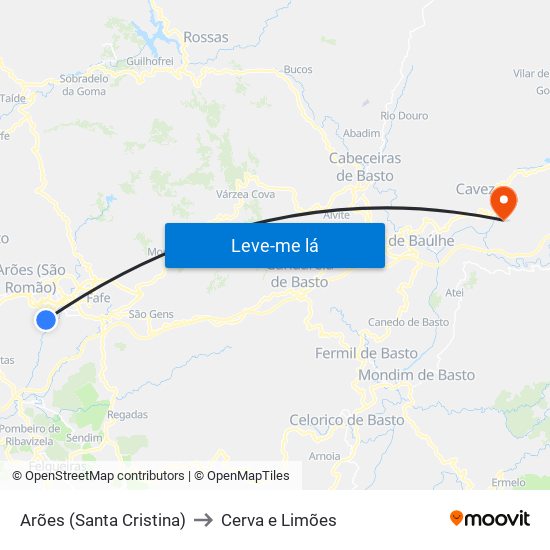 Arões (Santa Cristina) to Cerva e Limões map