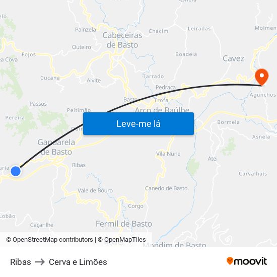 Ribas to Cerva e Limões map