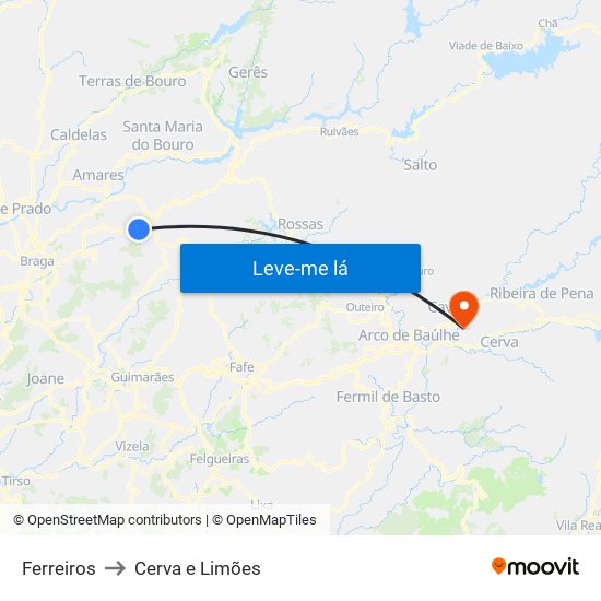 Ferreiros to Cerva e Limões map