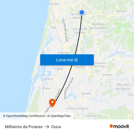 Milheirós de Poiares to Ouca map