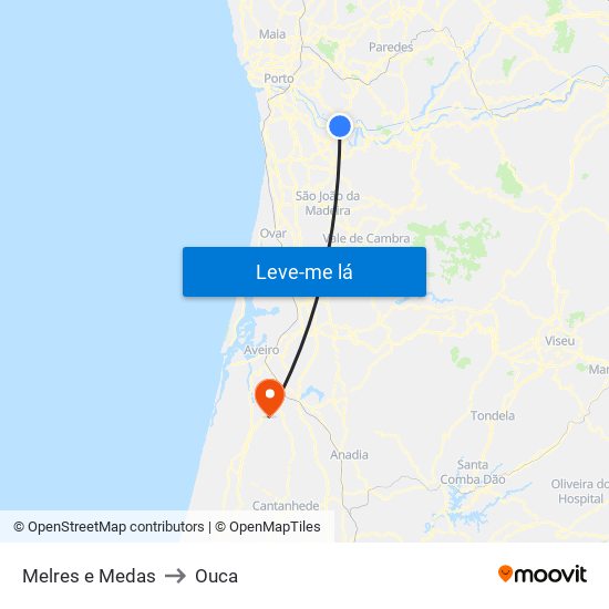 Melres e Medas to Ouca map