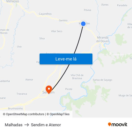 Malhadas to Sendim e Atenor map