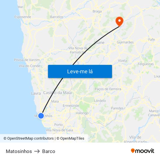 Matosinhos to Barco map