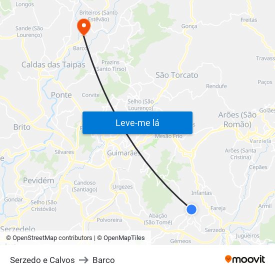 Serzedo e Calvos to Barco map
