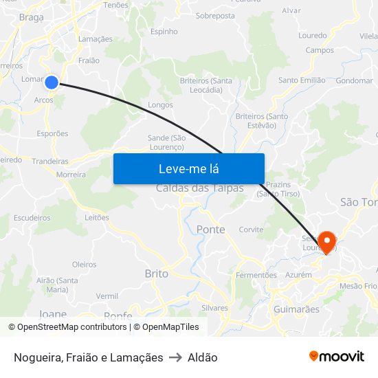 Nogueira, Fraião e Lamaçães to Aldão map
