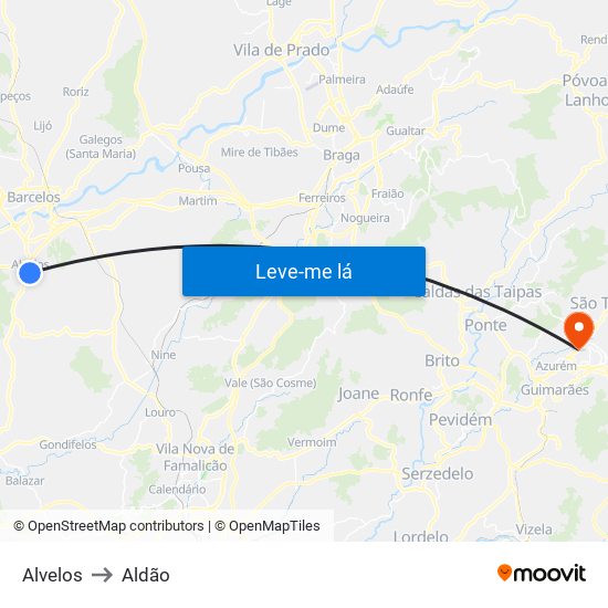 Alvelos to Aldão map