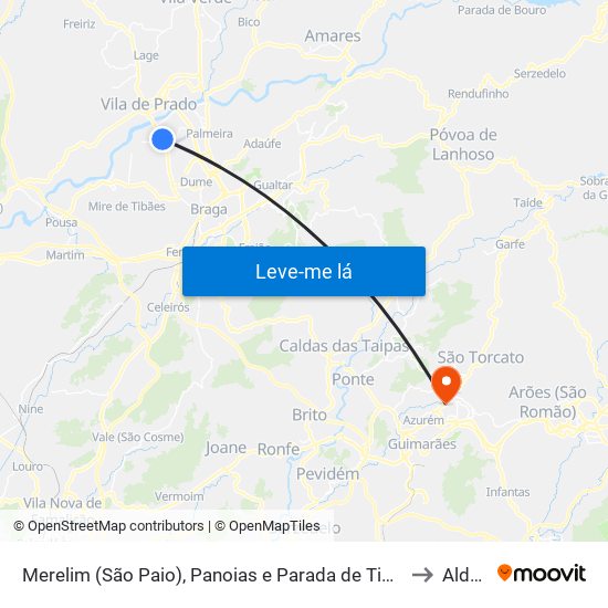 Merelim (São Paio), Panoias e Parada de Tibães to Aldão map