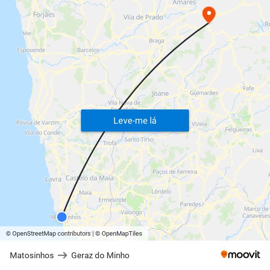 Matosinhos to Geraz do Minho map