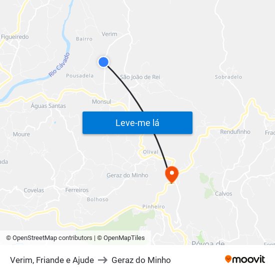 Verim, Friande e Ajude to Geraz do Minho map