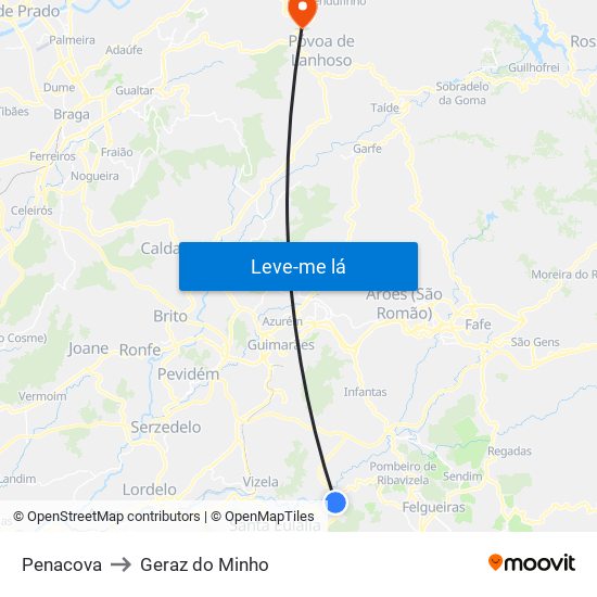 Penacova to Geraz do Minho map