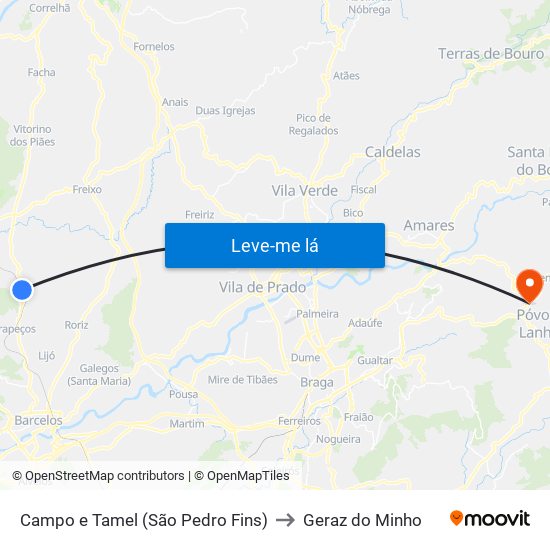 Campo e Tamel (São Pedro Fins) to Geraz do Minho map