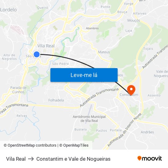 Vila Real to Constantim e Vale de Nogueiras map