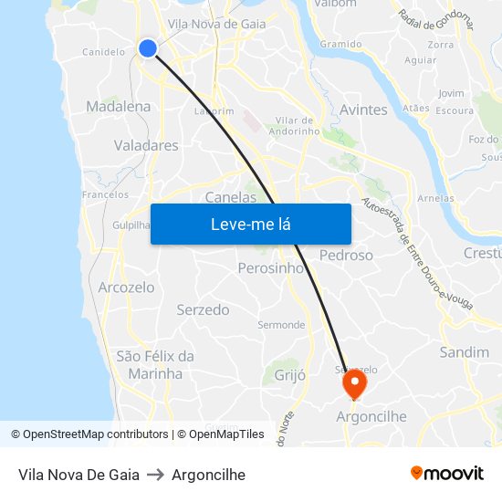Vila Nova De Gaia to Argoncilhe map