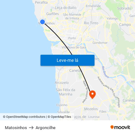 Matosinhos to Argoncilhe map