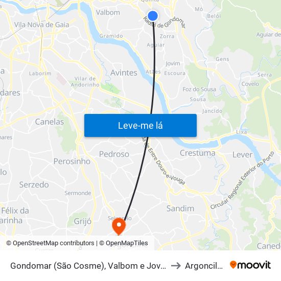 Gondomar (São Cosme), Valbom e Jovim to Argoncilhe map