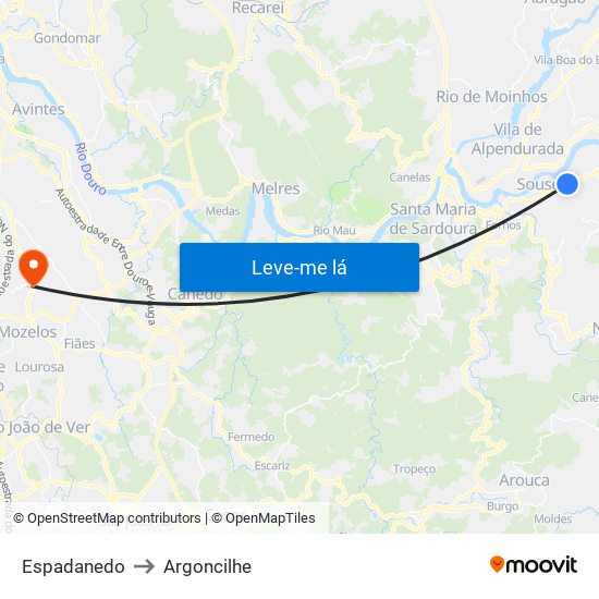 Espadanedo to Argoncilhe map