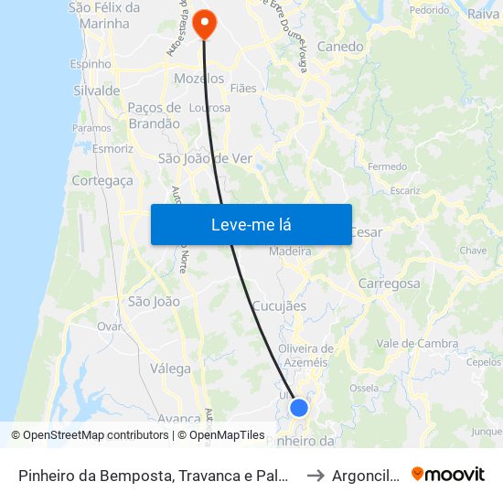 Pinheiro da Bemposta, Travanca e Palmaz to Argoncilhe map