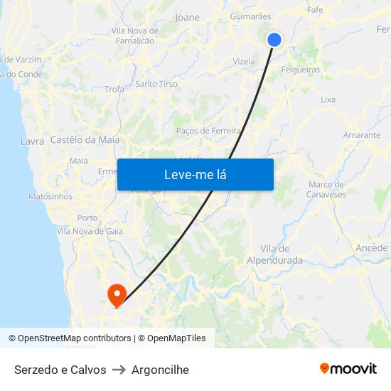 Serzedo e Calvos to Argoncilhe map