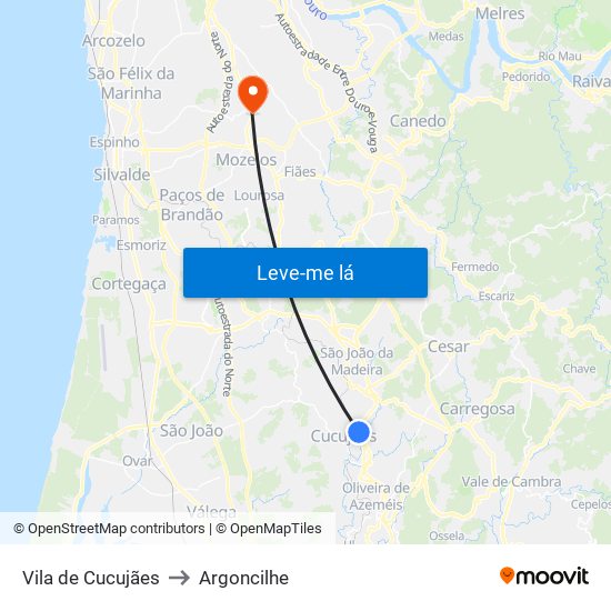 Vila de Cucujães to Argoncilhe map